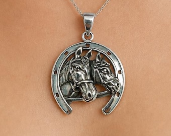 925 Sterling Silver Horseshoe Pendant • Oxidized Double Horse Head Charm • Equestrian Western Jewelry • Lucky Horseshoe • Gift for Her
