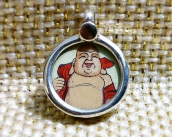 925 Sterling Silver Laughing Buddha Pendant Necklace, Hand-Painted Buddha Charm, Spiritual Good Luck Jewelry