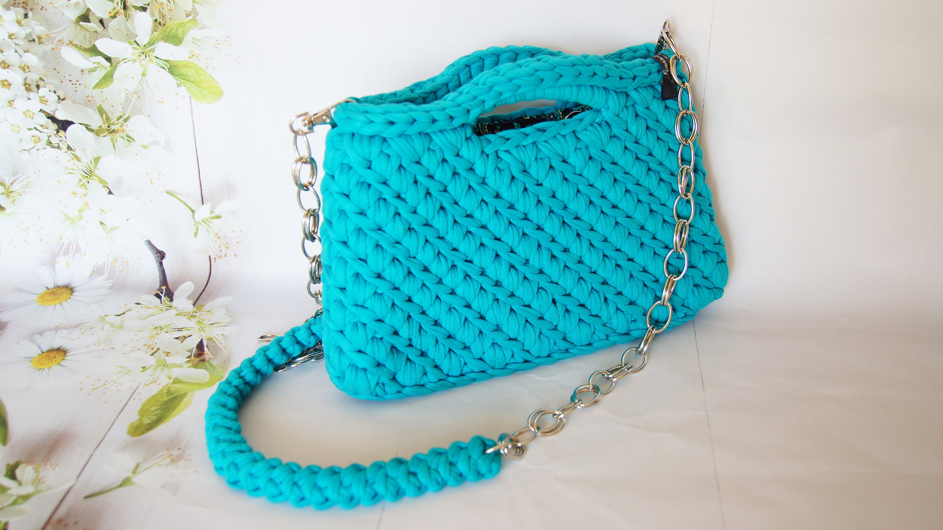 Crochet turquoise baghandbagknitted bagyarn bagcrochet | Etsy