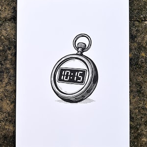 May include: Black and white illustration of a pocket watch displaying the time 10:15. The watch has a circular face with a digital display and a ring at the top. The image is on a white background.