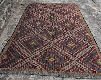 Alfombra Kilim turca de 195 x 296 cm (6,4 x 9,7 pies), alfombra vintage Ikat roja.