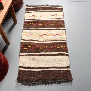 Small Kilim, Vintage Kilim, Turkish Kilim, Home Decor Kilim, 24x51 inches Brown Kilim, Office Kilim, Gift Kilim,  8363