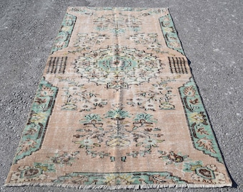 Vintage Oushak Area Rug 4.6x7.8 ft (139x238 cm), Turkish Beige Camouflage Rug