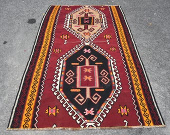 Vintage Kilim Area Rug 4.6x8 ft (140x245 cm), Turkish Red Patchwork Rug