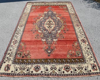 Vintage Turkish Rug, 5.3x8.6 ft Rug, Red Patchwork Wool Rug
