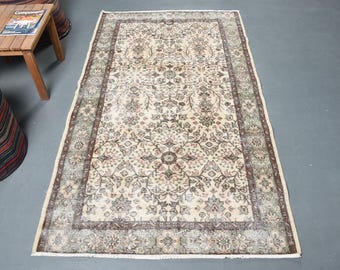 Alfombra floral hecha a mano, alfombra vintage, alfombra Oushak, 3,7 x 6,5 pies, alfombra floral beige, alfombra turca anudada a mano.