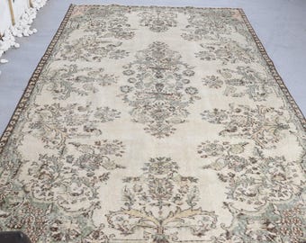 Oushak Rug, 5.7x8.8 ft Vintage Rug, Beige Ikat Rug Wool