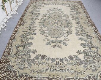 Turkish Vintage Large Rug 6.1x9.8 ft, Beige Gray Oriental Wool Rug