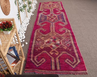 Herki Rug, 3.3x11.2 ft Turkish Rug, Red Camouflage Rug Wool