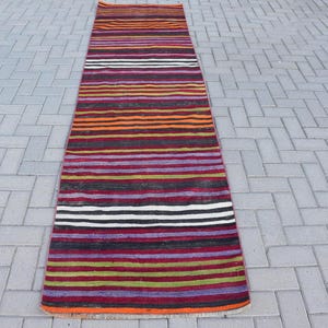 Colorful Turkish Runner Rug, Striped Design, Vibrant Multicolor, 3x10ft, Handwoven Home Decor, Bohemian Style, Living Room Accent