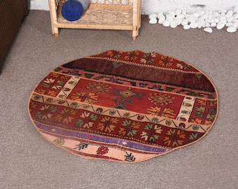 Patchwork Rug, Small Rugs, Turkish Rug, Round Rug, Anatolian Rug, Rugs For Kitchen, 3x3 ft Red Rug, Antique Rugs, Bath Mat Boho,  10625