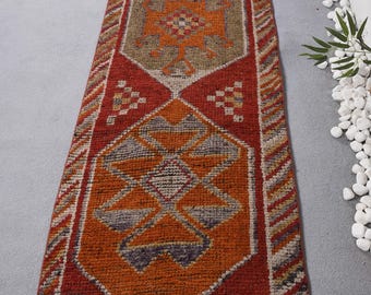 2.8x10.3 ft Vintage Herki Rug, Red Solid Turkish Wool Rug