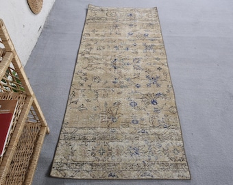 Turkish Runner Rug 2.6x6.5 ft, Beige Blue Floral Rug Wool