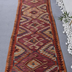 Vintage Kilim, Turkish Kilim, Runner Kilim, Herki Kilim, Rugs For Corridor, 2.8x10.3 ft Pink Kilim, Hand-Knotted Wool Area Rug, Oriental Rug