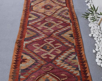 Turkish Vintage Rug, 2.8x10.3 ft Runner Rug, Red Orange Camouflage Rug