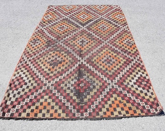 Alfombra vintage, alfombra grande de 1,58 x 2,59 m, alfombra Kilim roja abstracta