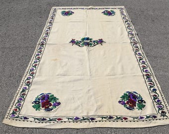 5x8 ft Rug, Turkish Vintage Rug, Beige Blue Floral Wool Rug