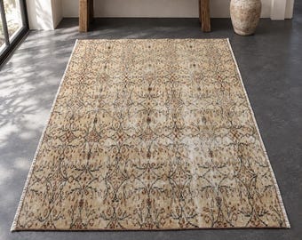Alfombra Isparta Floral Vintage, Alfombra Beige y Marrón, 5.5 x 4.3 pies, Alfombra Turca Anudada a Mano Vintage