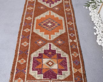 Vintage Turkish Rug, 2.8x11.6 ft Herki Rug, Brown Runner Bordered Rug