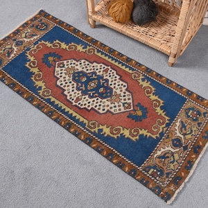 Turkish Rug Small Rugs Vintage Antique Anatolian For Entry 1.5x3.7 ft Red Decorative Door Mat Wool Cute Interior Designer Kitchen Nomadic