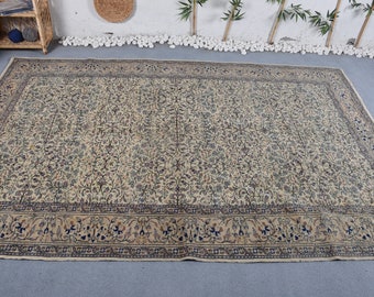 Vintage Rug Turkish Large Antique Kayseri Rugs For Salon 6.5x9.8 ft Beige Colorful Floral Wool Bohemian Nomadic Ethnic Decorative Pale Boho