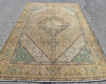 Alfombra turca vintage, alfombra Oushak de 6,46 x 9,3 pies, alfombra Ikat grande color beige.