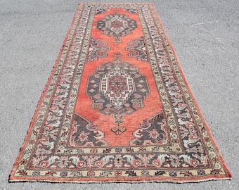 Alfombra turca vintage de 152 x 364 cm (5 x 11,9 pies), alfombra de lana roja.