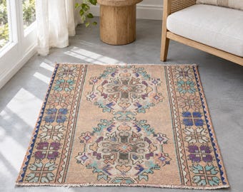 Alfombra turca vintage Varos, alfombra de lana con medallón, 3x3.3, alfombra pequeña vintage beige y azul, anudada a mano para la entrada.