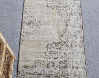 Turkish Vintage Oushak Small Rug 2x4.8 ft, Beige Bordered Rug Wool