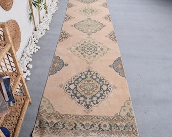 Rug, 2.9x12.5 ft Vintage Rug, Beige Ikat Rug Wool