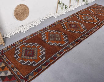 Turkish Rug, Runner 2.9x11.7 ft Vintage Rug, Brown Oriental Wool Rug
