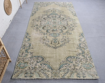 Vintage 4x9.1 ft Rug, Area Turkish Rug, Beige Check Wool Rug