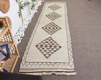 Turkish 3x10.3 ft Runner Rug, Vintage Rug, Herki Beige Persian Rug
