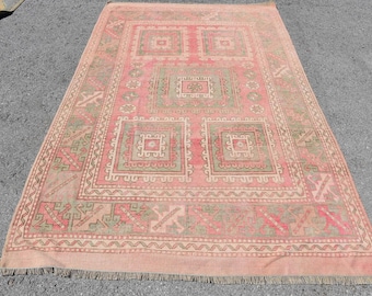 Alfombra turca grande de 1,68 x 2,69 m, alfombra vintage de lana Oushak roja con retazos.
