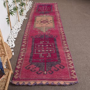 Turkish Runner Rug, Vintage Pink Rug, Anatolian Hallway Rug, Herki-Kilim, 3x12 ft Bedroom Rug, Gift For Him, Unique Turkish Decor