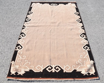Alfombra vintage de 4,4 x 7,1 pies, alfombra turca, alfombra abstracta de lana color beige.