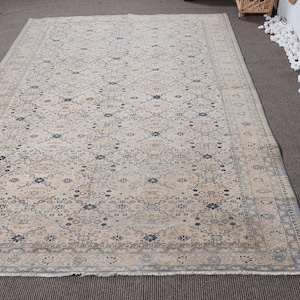 Vintage Turkish Rug, Large Area Carpet, Handwoven Beige Rug, Floral Pattern, Living Room Decor, Antique Style, Unique Home Decor, 195x280cm