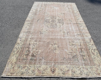 Alfombra vintage, alfombra turca grande de 1,74 x 3,17 m, alfombra de lana con estampado floral en tonos beige y marrón.