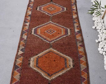 Vintage Rug, 3x11.5 ft Runner Rug, Brown Orange Herki Wool Rug