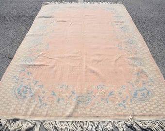 Vintage Turkish Rug 6.9x10.3 ft, Beige Oushak Floral Rug