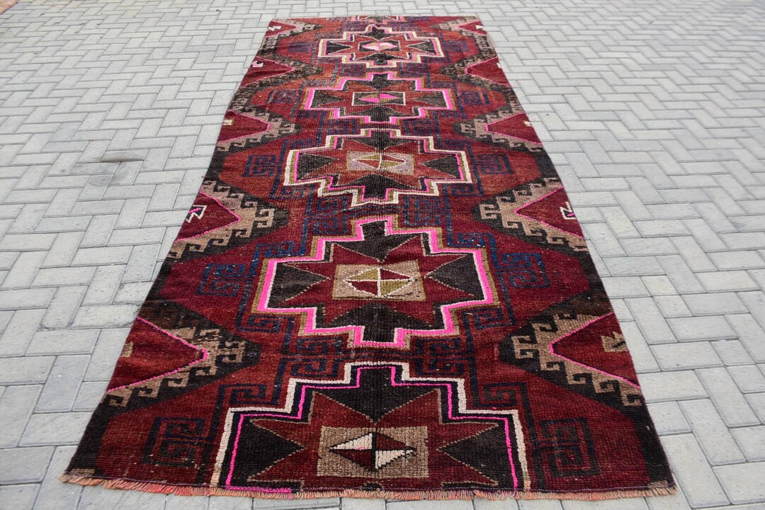 ヴィンテージトルコラグ、手織りアナトリアカーペット、幾何学模様ラグ