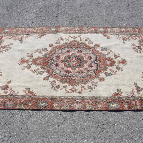 Turkish Rug, Vintage shops Rug, Area Rug, Oushak Carpet, 48x100 inches Red Carpet, Tribal Floor Carpet, Wool Bedroom Carpet, 6671