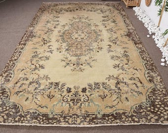 Vintage Rug, 6.2x10.4 ft Turkish Rug, Beige Brown Floral Wool Rug