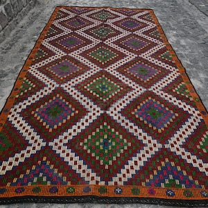 Dywan turecki vintage 6,2 x 12,8 stopy (189 x 390 cm), kilim z pomarańczowej wełny