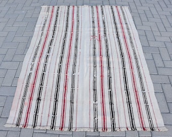 Alfombra turca decorativa, alfombra vintage de 1,25 x 1,74 m, alfombra de lana con borde blanco.