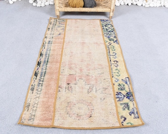 1.7x3.2 ft Vintage Turkish Rug, Small Rug, Beige Blue Bordered Wool Rug