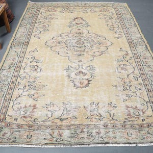 Vintage Turkish Rug, Antique Oushak, 5.9x8.6 ft Wool Rug, Living Room Decor, Handmade Beige Rug