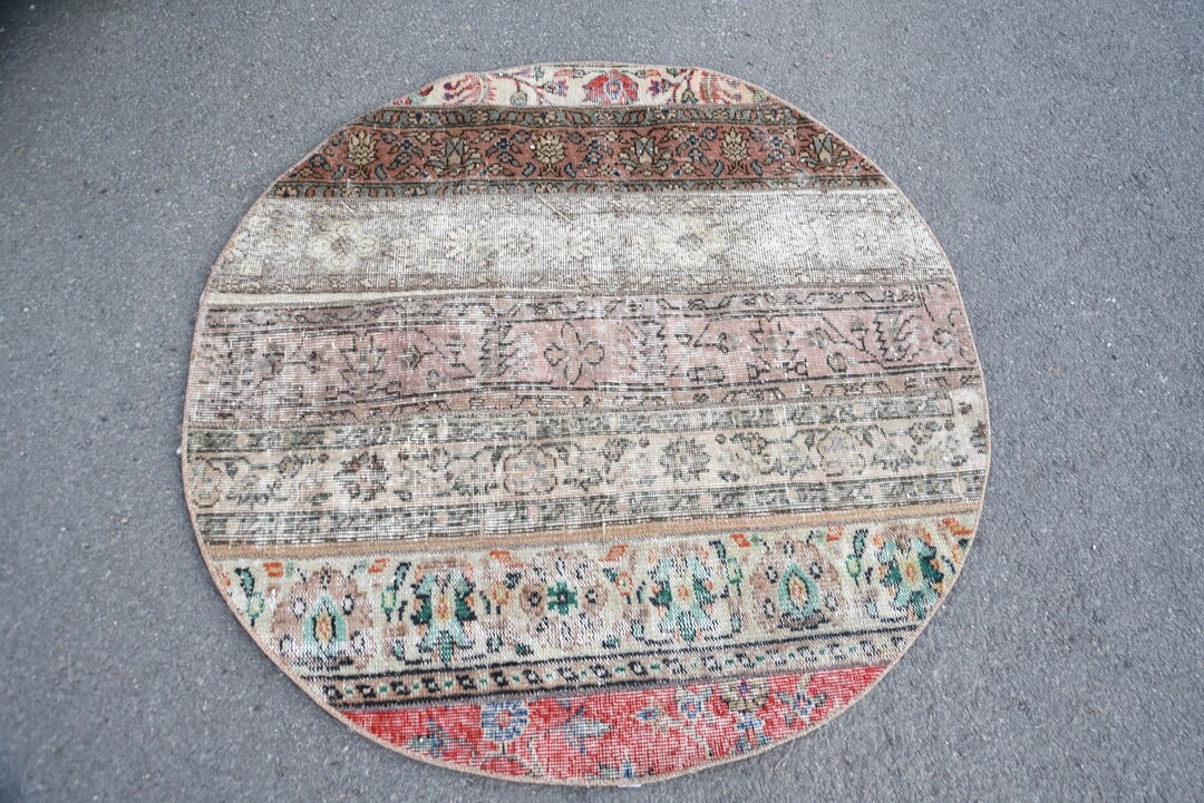 Turkish Rug, 4.1x4.1 Ft Accent Rug, Round Rug, , Vintage Rug, Antique Rug, Rugs for Bedroom