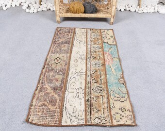 Vintage Turkish Rug, 1.5x2.8 ft Small Rug, Brown Blue Striped Wool Rug