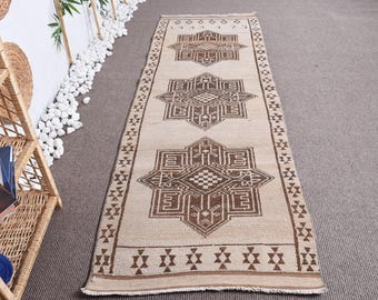 Turkish Vintage Rug 2.8x8.3 ft, Beige Herki Plants & trees Rug